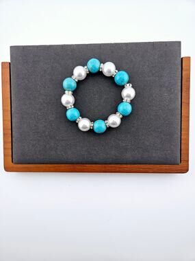 Faux Turquoise And Pearl Beaded Stretch Bracelet Rhinestone Chunky Stackable
